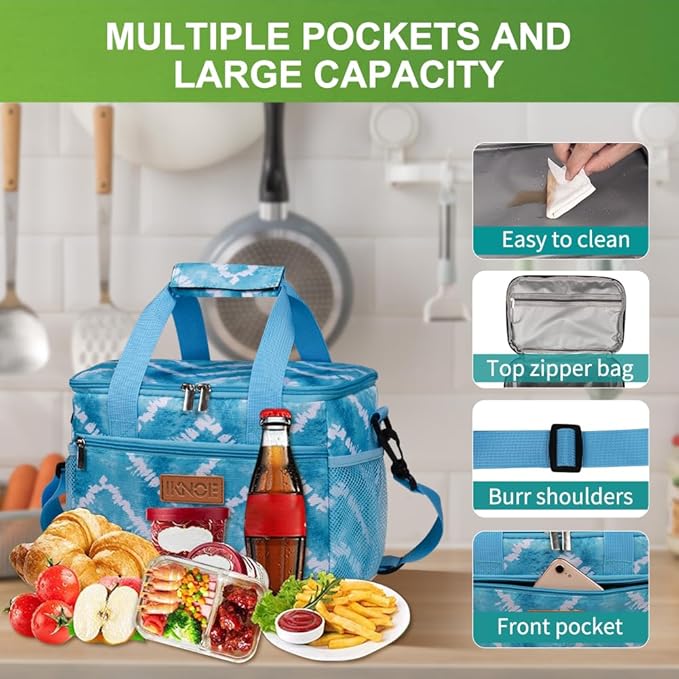 iknoe Large Foldable Cooler Bag, 8.5L Insulated Lunch Bag, Leakproof Lunch Cooler Tote with Multi-Bag Design Suitable for Beach, Picnic and Office Use, Blue White 15-Can