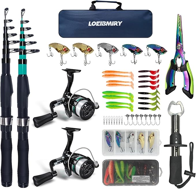 Fishing Rod Reel Set, 2PCS 2.1m/6.89ft Collapsible Fishing Rods + 2PCS Spinning Reels + Fishing Lures Hooks + Carrier Bag + Fishing Pliers Fish Lip Gripper for Travel Saltwater Freshwater Beginner