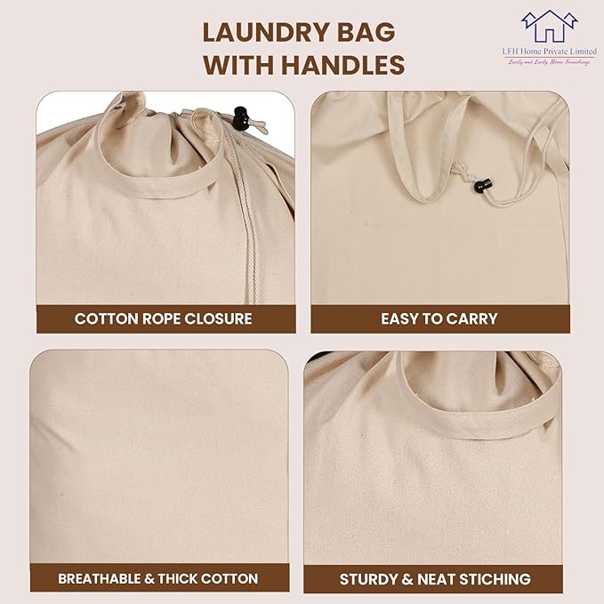 LFH Home Cotton Canvas Extra Large Laundry Bag with Handle, Heavy Duty Drawstring Closure Washable Laundry Bags School Travel, Home, Hotel, College Dorm, Organizer Sack, Toys Clothes 28x36-Natural