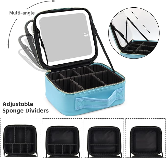 Makeup Organizer Bag with Mirror, Lighted Travel Makeup Bag 3 Colors Modes, Cosmetic Bag Make up Organizer with Mirror and Light, Makeup Train Case Portable Cosmetic Storage Case Gifts(Blue)