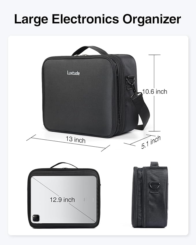 Luxtude Electronic Organizer Travel Case Large, Double Layer Tech Carrying Case, Cord Organizers Travel, Cable Organizers Bag, Large Charger Bag, Home Electronics Case Fits for iPad (Up to 12.9 in)