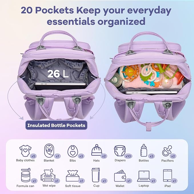 RUVALINO Diaper Bag Backpack, Multifunction Travel Pack Maternity Baby Changing Bags, Large Capacity, Waterproof, Light Purple