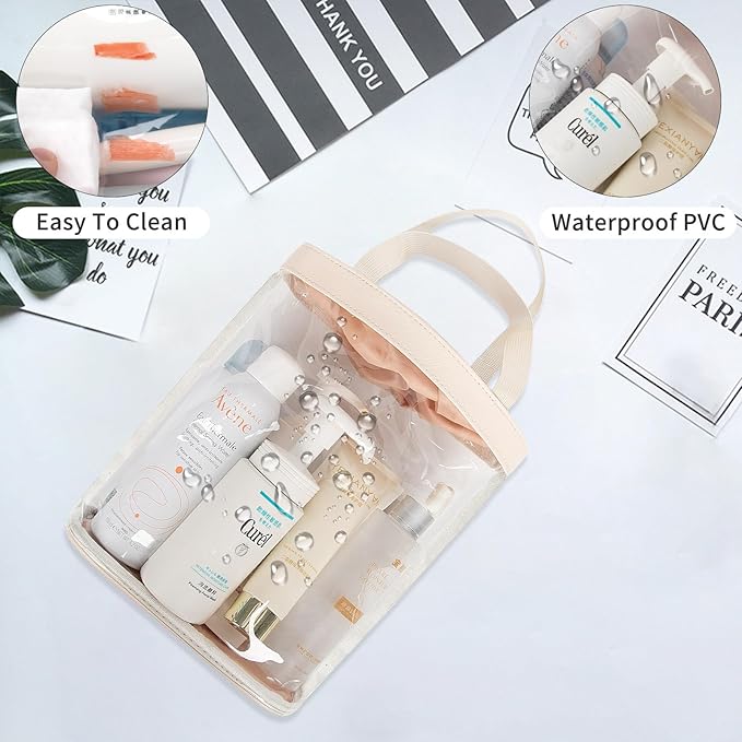 Travel Toiletry Bag, Clear Makeup Bag for Women, TSA Approved Toiletry Bag, Waterproof Clear Bag Cosmetic Pouch, Transparent Makeup Organizer, Carry on Airport Airline Compliant, Beige