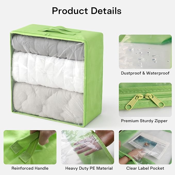Clothes Storage Bags, Foldable Thick Fabric Blanket Storage Bags, Large Clear Window & Carry Handles, Great for Clothes, Blankets, Closets, Pillows, Toys (Green, Extra-2Pack)