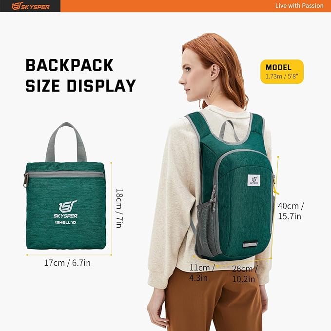 SKYSPER Small Daypack 10L Hiking Backpack Packable Lightweight Travel Day Pack for Women Men