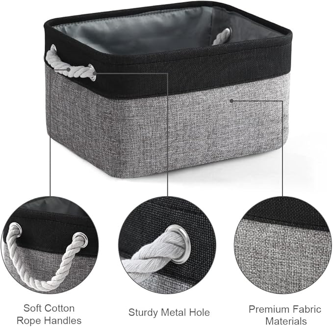 TheWarmHome Storage Basket for Organizing - 14x10x7 inch Medium 3 Pack Collapsible Storage Bin for Shelves with Rope, Fabric Storage Cubes for Organizer Cloth Gift Toy Closet (Black & Grey)