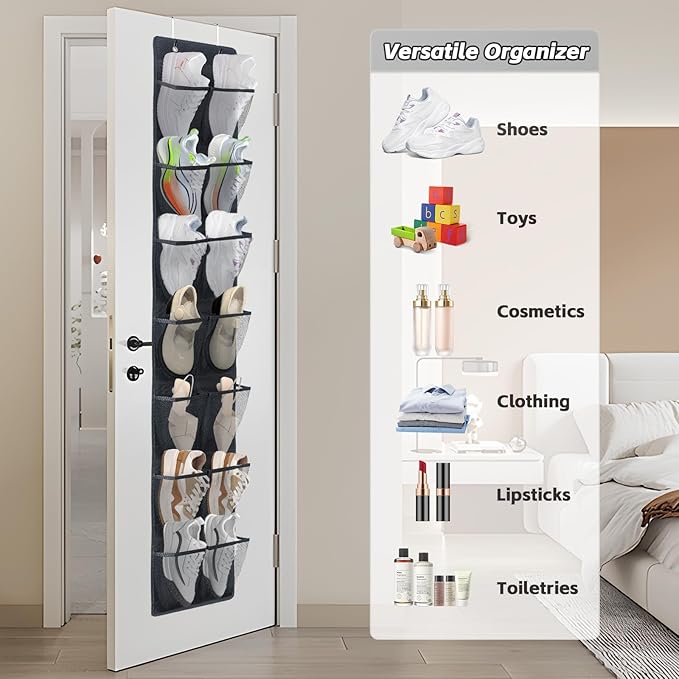 Over The Door Shoe Organizer, 14 Large Mesh Pockets Hanging Shoe Rack for Closet Organizers and Storage, 2-pack (black)