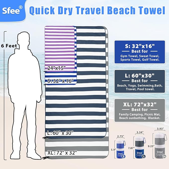 Sfee 2 in 1 Microfiber Oversized Beach Towel, Quick Dry Towel Travel Camping Towel Super Absorbent Compact Lightweight Sports Gym Towels for Beach,Gym, Hiking, Pool, Backpacking, Bath, Yoga