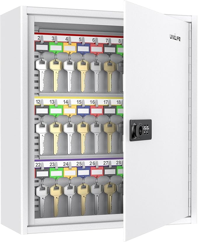 Uniclife 60 Position White Key Cabinet Steel Security Storage Box with Combination & Key Lock, Resettable, Digital, Adjustable Racks, Colorful Labels & Hooks