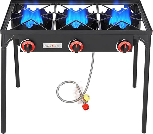 Vivicreate 3 Burner High pressure Propane Stove, 28 Inch Tall Camping Stove with cast iron burner 105000 BTU power, Stable Legs for Outdoor Use
