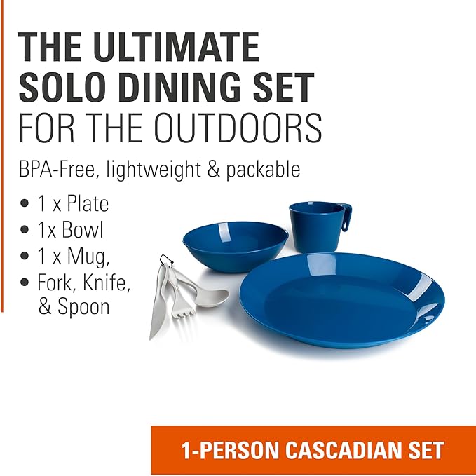 GSI Outdoors Cascadian 1 Person Table Set I 6-Piece Camping, Backpacking Mess Kit, Plastic BPA Free, Plate, Bowl, Mug, Cup & Cutlery Set