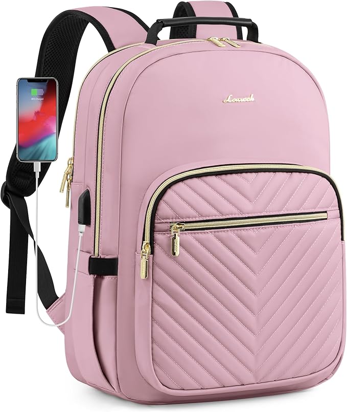 LOVEVOOK Laptop Backpack Purse for Women, Work Travel Computer Bags, College School Backpack for Student Girl, Quilted Casual Daypack with USB Port, Fit 15.6 Inch Laptop, Light Pink