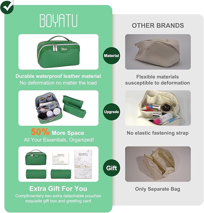 BOYATU Travel Makeup Bags for Women: Large Cosmetic Organizer Bag - Vegan Leather Make up Bag Set of 3 - Protable Toiletry Bags with Compartments (L19 Green)