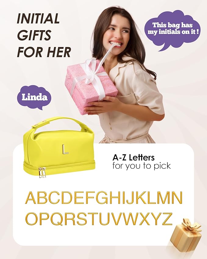 Personalized Gifts for Women Unique, Makeup Bag with Handle, Initial Double Layer Cosmetic Bag with Makeup Brush Organizer, Cute Cosmetic Pouch for Women, Gifts for Friends Female Mom