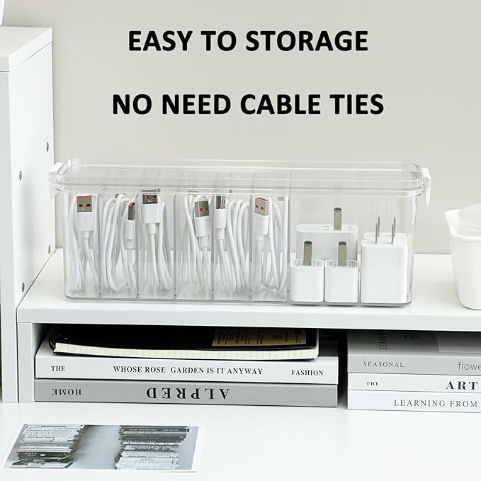 Yesesion Plastic Cable Organizer Box with 7 Compartments, Clear Cords Storage Case for Desk Drawer Accessories, Phone Charger, Art Crafts, Stationery Holder for Marker Pen, Pencils, Crayons