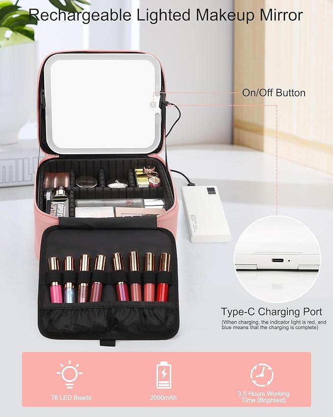 Relavel Makeup Bag with LED Mirror, Travel Makeup Case with Rechargeable Lighted Mirror 3 Color Lights, Dual Layer Cosmetic Box Makeup Brush Lipstick Holder Organizer for Women, Leather Pink