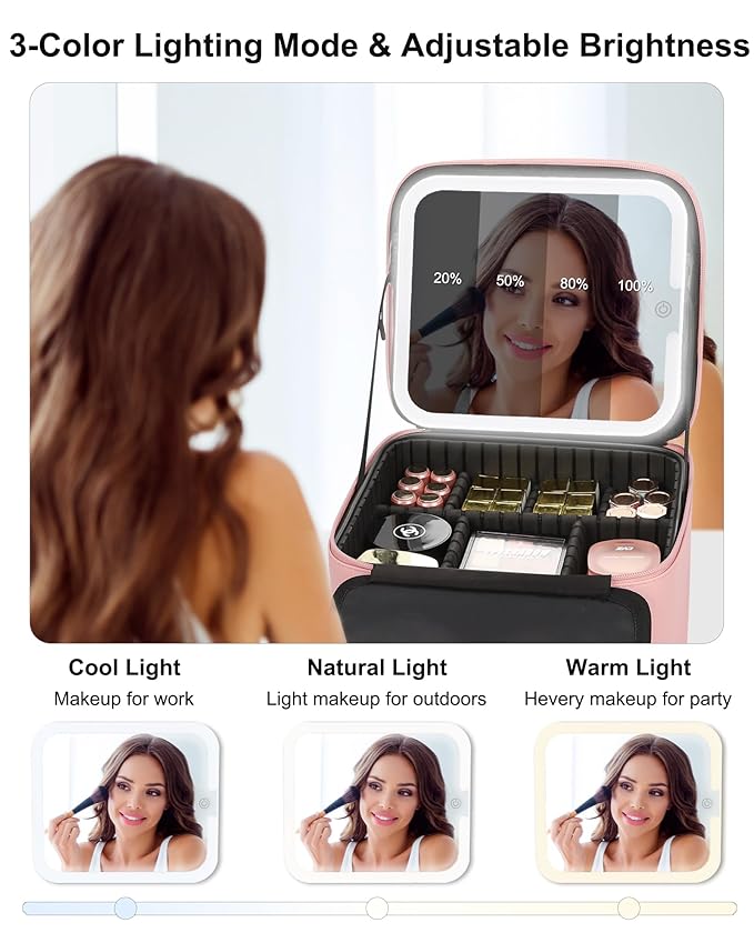 Relavel Makeup Bag with LED Mirror, Small Travel Makeup Case with Rechargeable Lighted Mirror 3 Color Lights, Double Layer Cosmetic Box Makeup Brush Lipstick Holder Organizer for Women, Pink