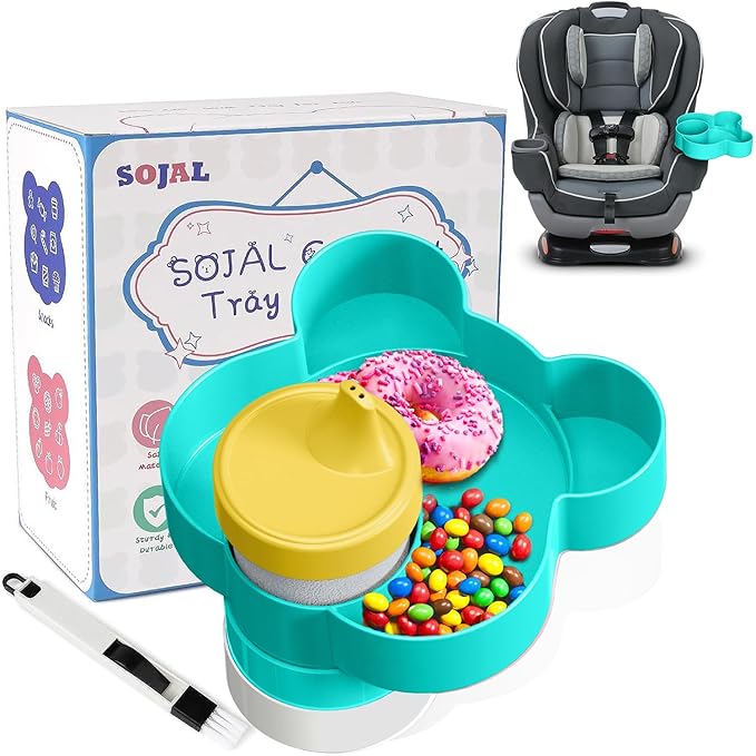BlueOrigin Car Seat Snack Tray - Travel Tray for Kids Car Seat, Stroller, Booster and Anywhere with a Cup Holder, Toddler Road Trip Essentials Food Plate for Snacks, Toys, Entertainment (Teal)