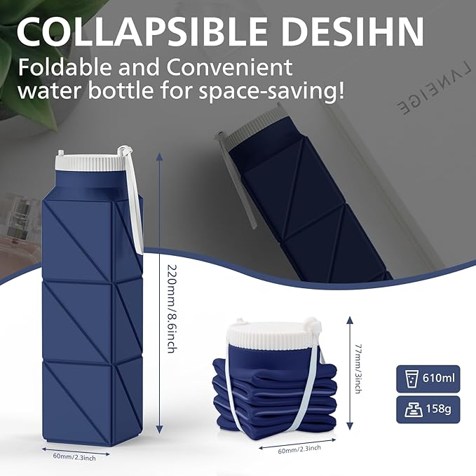 2pcs 610ml Collapsible Water Bottles Upgrade Foldable Water Bottle BPA Free Reusable Lightweight LeakProof Silicone Water Bottles 20.6oz for Travel Gym Hiking Office Camping Sport