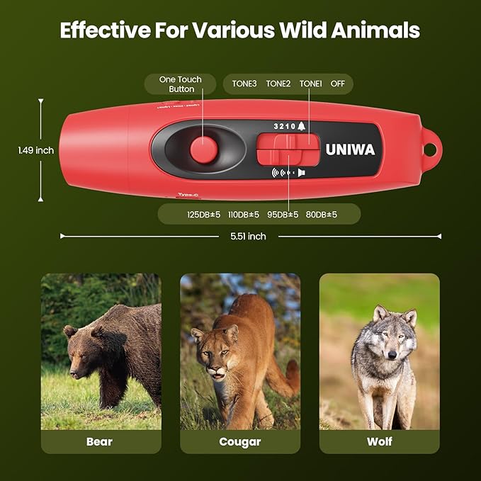 UNIWA Electronic Air Bear Horn, 120±5 dB Loud Air Horn for Safety Hiking Camping Emergency Whistle with Compass, Bear Horn to Scare Bears - Self Defense for Hiking -Red