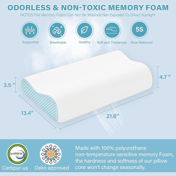 Memory Foam Cooling Bed Pillows for Sleeping, Ergonomic Cervical Pillow for Neck and Shoulder Pain Relief, Adjustable Cold Pillow with Pillowcase,Blue