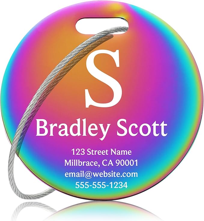 Custom Stainless Steel Luggage Tags: Personalize Your Suitcases, Backpacks, and Bags with Your Text (Rainbow) Elegant Circle-Rainbow