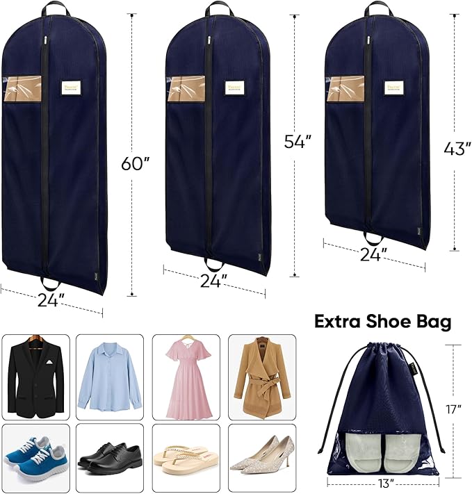 BALEINE 1PK Heavy Duty Garment Bag with Shoe Storage Travel Bag for Dresses, Suit, Coats Travel Essential (43", Blue)