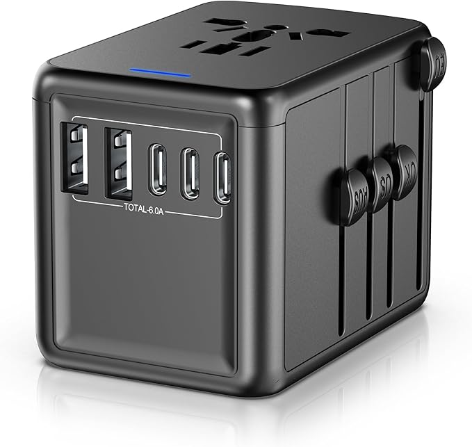 Universal Travel Adapter, 6.0A 30W International Power Adapter, 5 USB C/A Ports + AC Outlets for All USB Devices, Type I C G A Plugs 110V 220V A/C, European Travel Plug Adapter for 200+ Countries