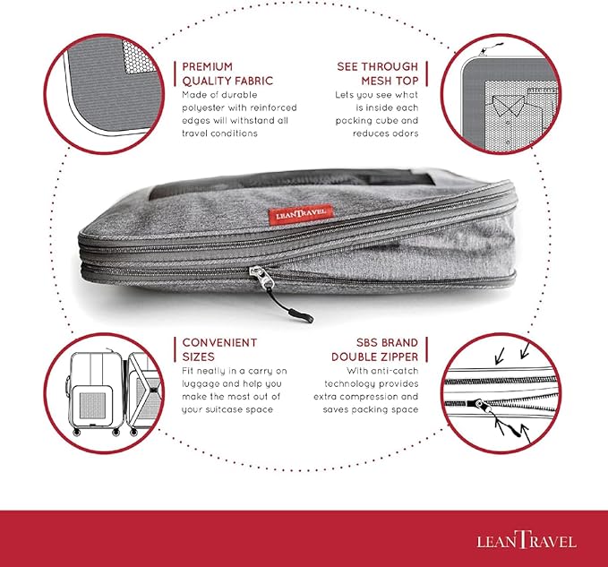 Compression Packing Cubes for Travel Organizers with Double Zipper, LeanTravel
