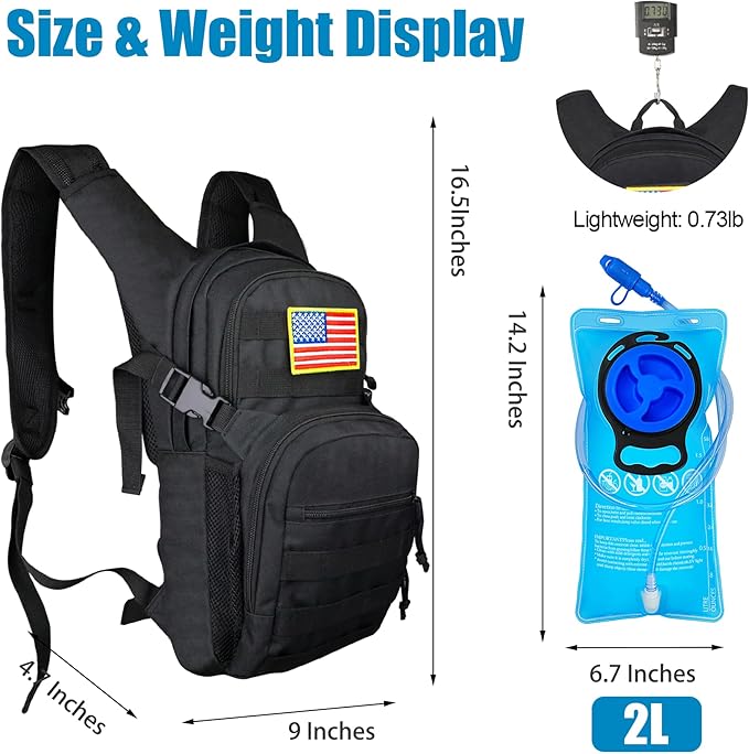 Tactical Hydration Backpack 2L Water Bladder - Lightweight Durable Pack for Hiking, Running, Outdoor Adventures, Adjustable Straps & Leak-Proof Design