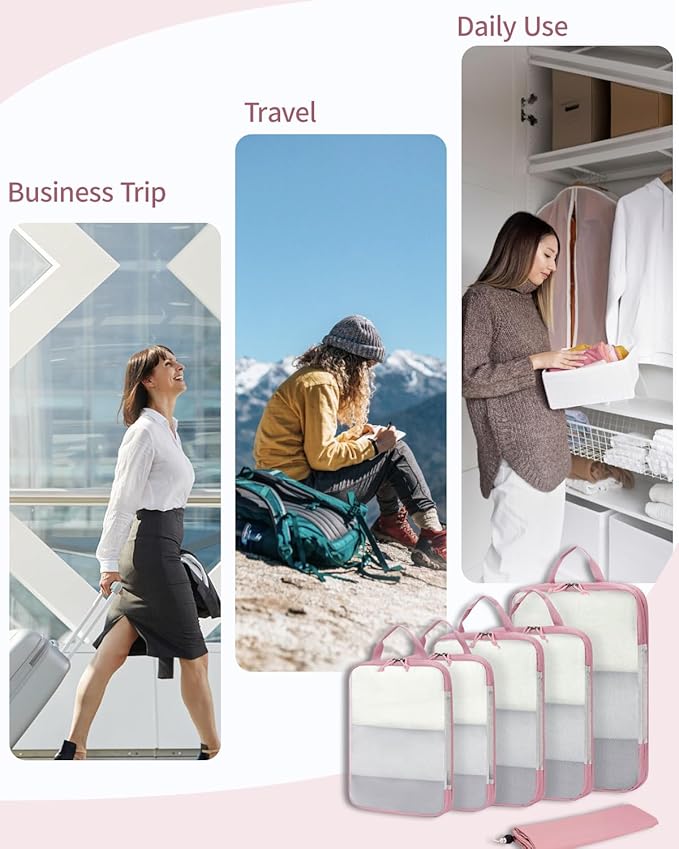 ECOHUB 6 Set Compression Packing Cubes, Gifts for Women Mom, Lightweight Vacation Travel Essentials Accessories for Suitcase Luggage Organizer Bags Set with YKK Zippers Shoe Bag, Pink