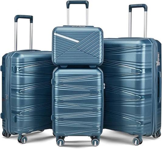 Campfun Luggage 4 Piece Sets, Expandable Carry On Luggage Set Hardshell PP, Suitcase Set with Double Spinner Wheels, Checked Durable Lightweight with TSA Lock, 14in 20in 24in 28in-Peacock Blue(C)
