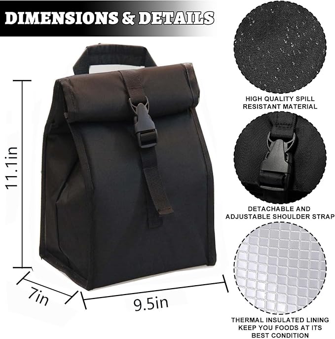 Insulated Foldable Lunch Bag With Ajustable Strap- Lightweight Portable Lunch Box for Men, Women, Office, Work, Picnic, Hiking and Beach (Black(Hard Fabric))