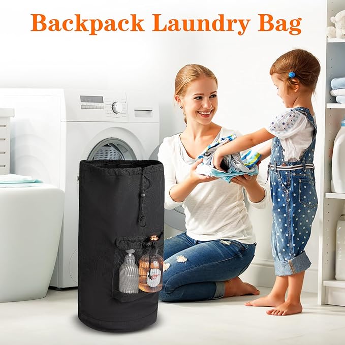 Canvas backpack laundry bag, laundry backpack with shoulder straps and mesh pockets, durable laundry basket bag with drawstring closure, suitable for college, laundromats, and apartments.