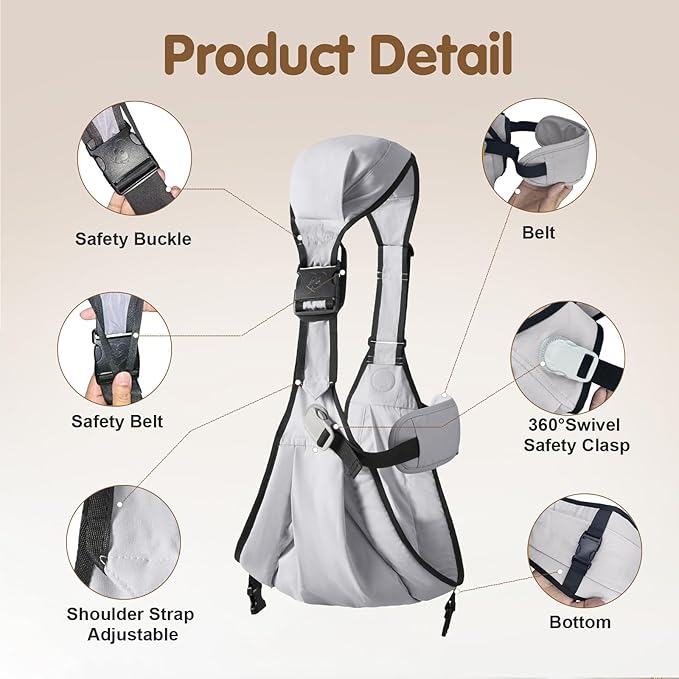 Baby Sling Carrier,Toddler Carrier, 2025 New Baby Sling with Waist Harness,Portable and Lightweight Sling,Non-Slip Hip Seat Carrying 25-60lbs(Grey)