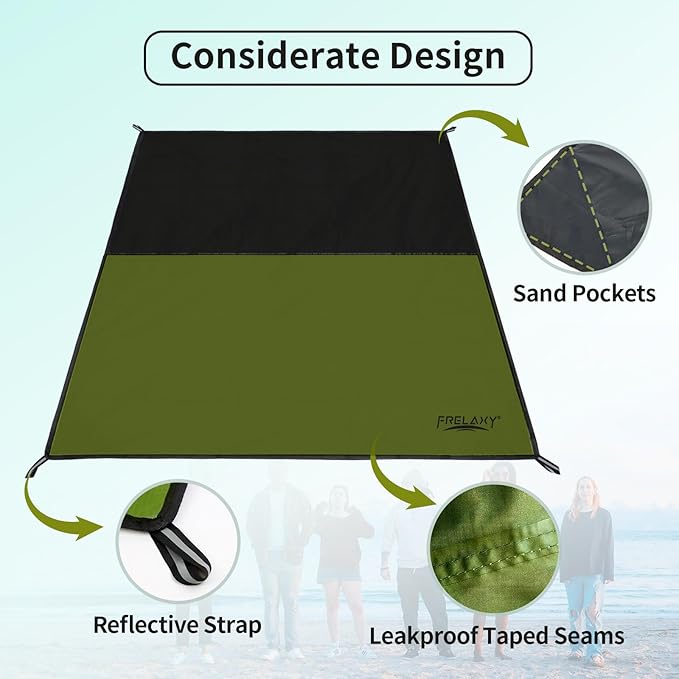 Frelaxy Pocket Picnic Blanket, Waterproof Sandproof Beach Mat, Compact Camping Tarp for Festivals, Hiking, Travel, Outdoor Recreation (Army Green, 57'' x 71'')