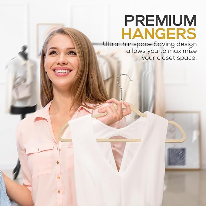 50 Pack New Premium Quality Velvet Hangers Ultra Thin Non Slip Adult Felt Space Saving Hangers for Closet Heavy Duty Coat Pants Jackets Dress Hangers 360° Swivel Hook Hold Upto 10 lbs Ivory
