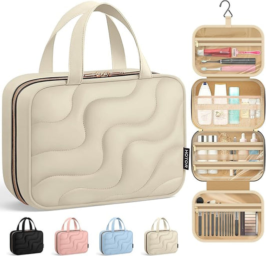 HOTOR Hanging Toiletry Bag - Spacious Travel Toiletry Bag for Women & Men, Multi-Pocket Makeup Organizer, Travel & Cruise Essentials for Business Trip, Gym, Beige, 12.6" x 9.9" x 4.3"
