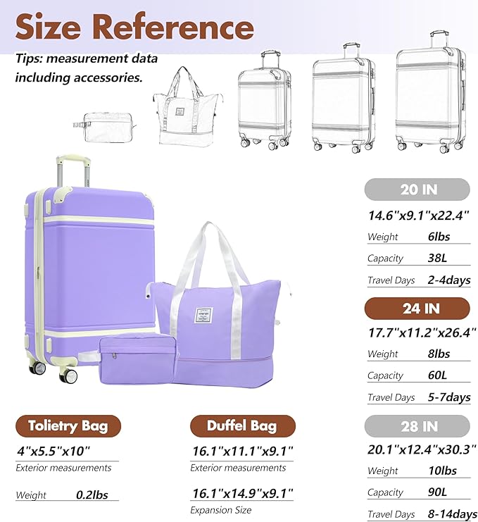 Merax Suitcase Set 24 inches Expandable Luggage with TSA Lock Spinner Wheels Hardshell Lightweight Vintage Luggage with Travel Bag,Purple