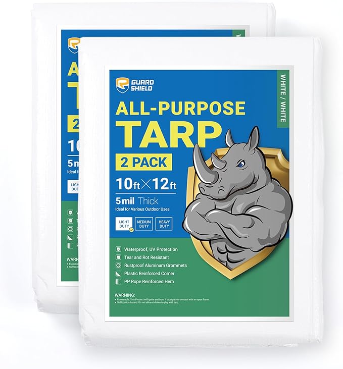 GUARD SHIELD Tarp White 10x12 Feet Multi Purpose Waterproof Poly Tarp Cover 5mil (2-Pack)