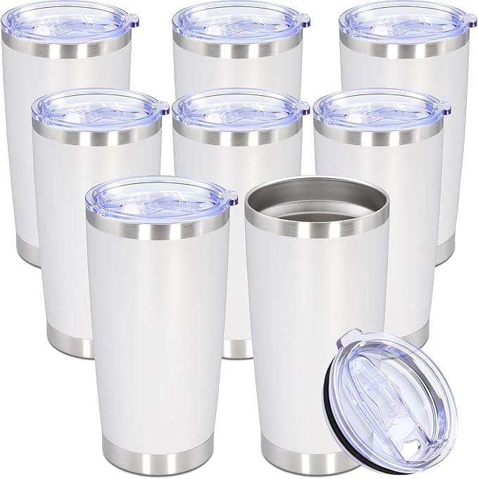 20oz Tumbler Bulk Stainless Steel Tumbler Cup with Lid Vacuum Insulated Double Wall Travel Mug, Durable Powder Coated Travel Coffee Tumbler Mug for Hot & Cold Drinks, White,8 Pack