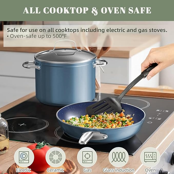 Nuwave Healthy Duralon Blue Ceramic Nonstick Coated 7pc Cookware Set, Scratch-Resistant Diamond Infused, PFAS Free, Induction Ready & Evenly Heats, Oven Safe, Tempered Glass Lids