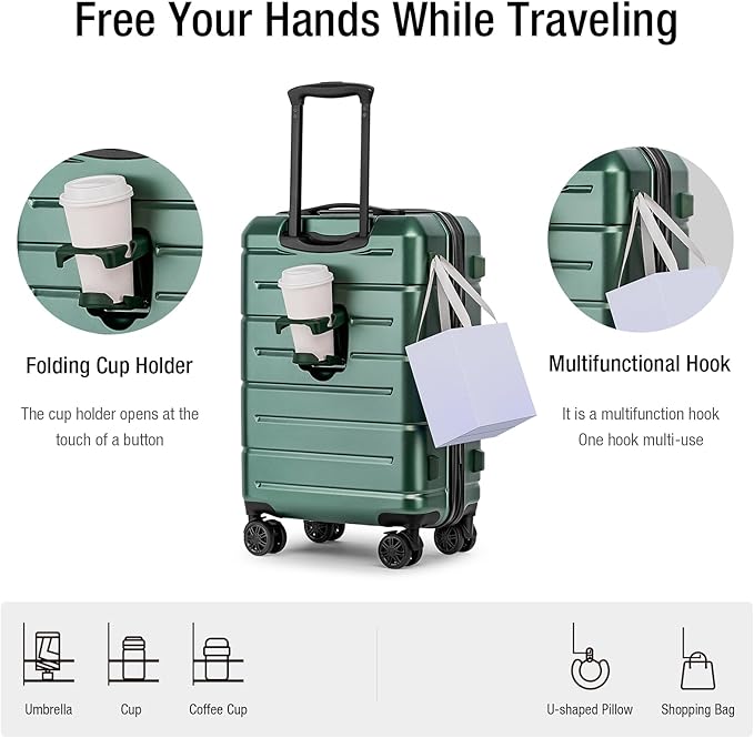 KYME Hardside Carry On Luggage 22x14x9 Airline Approved with TSA Lock Hardshell 22 Inch Suitcase with Spinner Wheels Small Travel Rolling Luggage with Cup Holder for Men Women Green