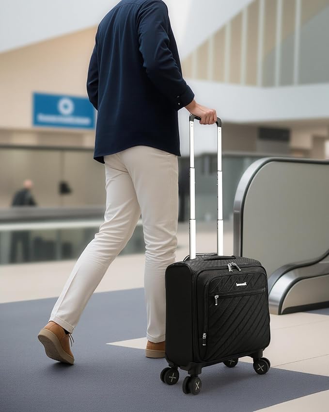 LUGGEX Carry On Luggage with Spinner Wheels - Stylish Lightweight UnderSeat Luggage - Soft Sided Small Suitcase with Front Open Design for Travel, Business (Black, 15 Inch)