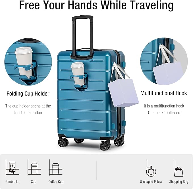 KYME 26 Inch Luggage TSA Approved Hardshell 26" Suitcases with Spinner Wheels Durable Medium Travel Checked Luggage with Cup Holder for Women Men Blue