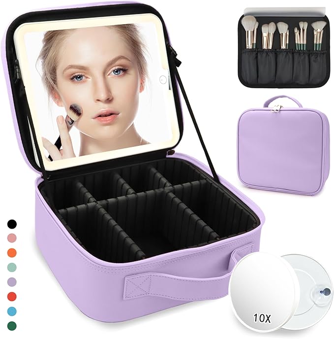 Travel Makeup Bag for Makeup Artists Large Makeup Case,with Mirror 3 Color Setting and Detachable 10x Magnifying Mirror Travel Makeup Bag,Portable Storage and Adjustable Dividers（Purple）
