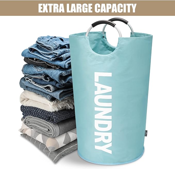DOKEHOM 90L Large Laundry Basket, Collapsible Laundry Bag, Freestanding Tall Clothes Hamper, Foldable Washing Bin (Light Blue)