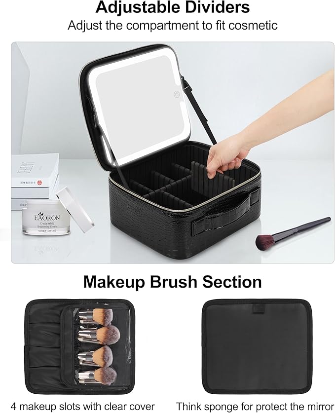 Chomeiu Makeup Bag with LED Mirror, Travel Makeup Case for Women and Makeup Artists Cosmetic Organizer Large Make Up Bags with Light Up Mirror, 3 Color Lights, Adjustable Dividers, Crocodile Pattern