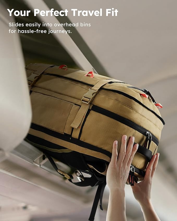 Tolaccea Travel Laptop Backpack, TSA Flight Approved Carry On Travel Duffel Backpack, Dual Laptop Storage for 17.3" and 15.6" Laptop, Large Luggage Backpack 40-45L Expandable for Men Women (Khaki)