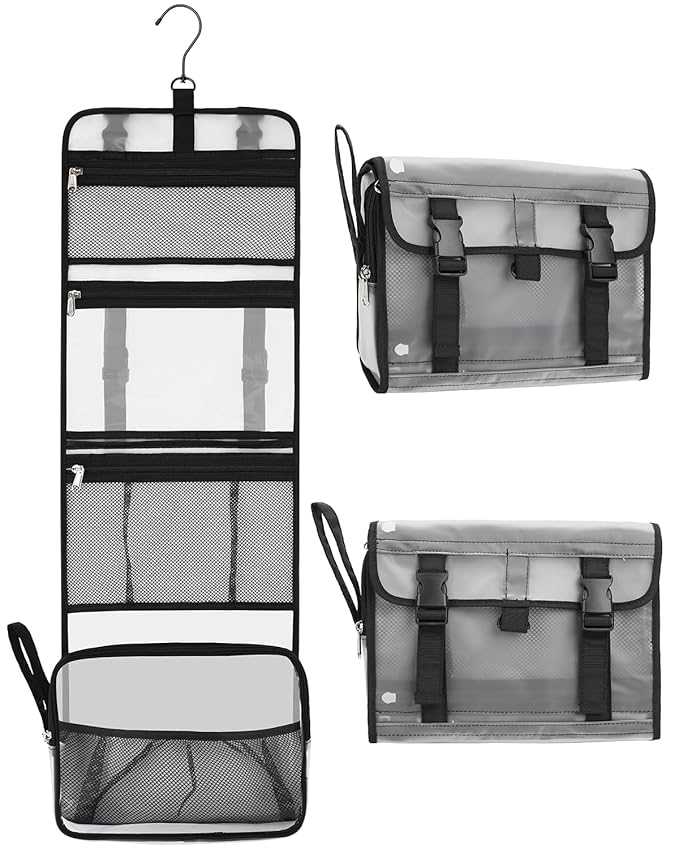 Relavel Travel Hanging Toiletry Bag for Men Women Travel Kit Shaving Bag Waterproof Large Makeup Bag Wash Bag Makeup Organizer Cosmetic Case for Bathroom Shower Semitransparent